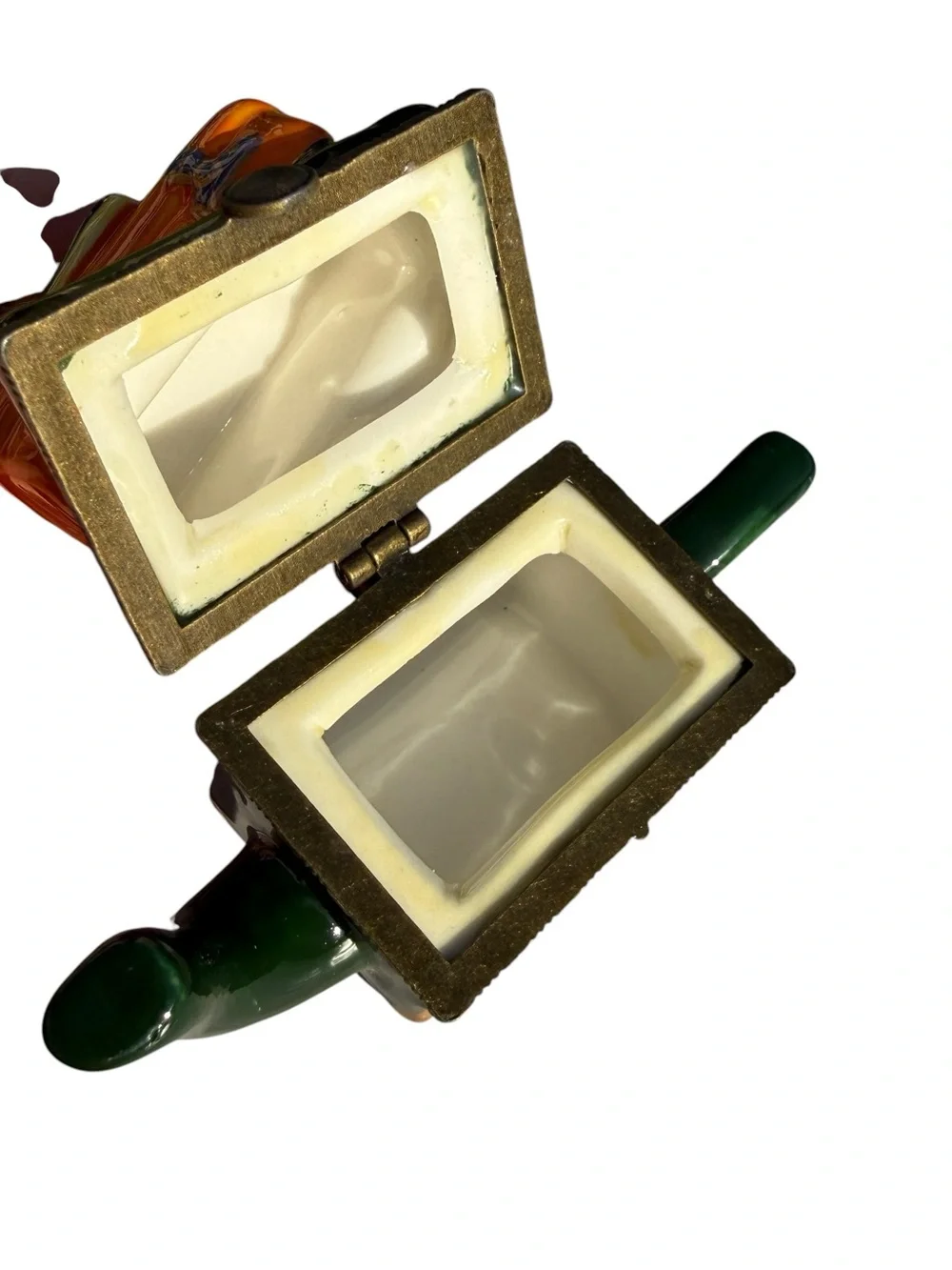 Vintage Travel Suitcase Teapot Trinket Box Champagne Beer Ceramic Jewelry Box 4”